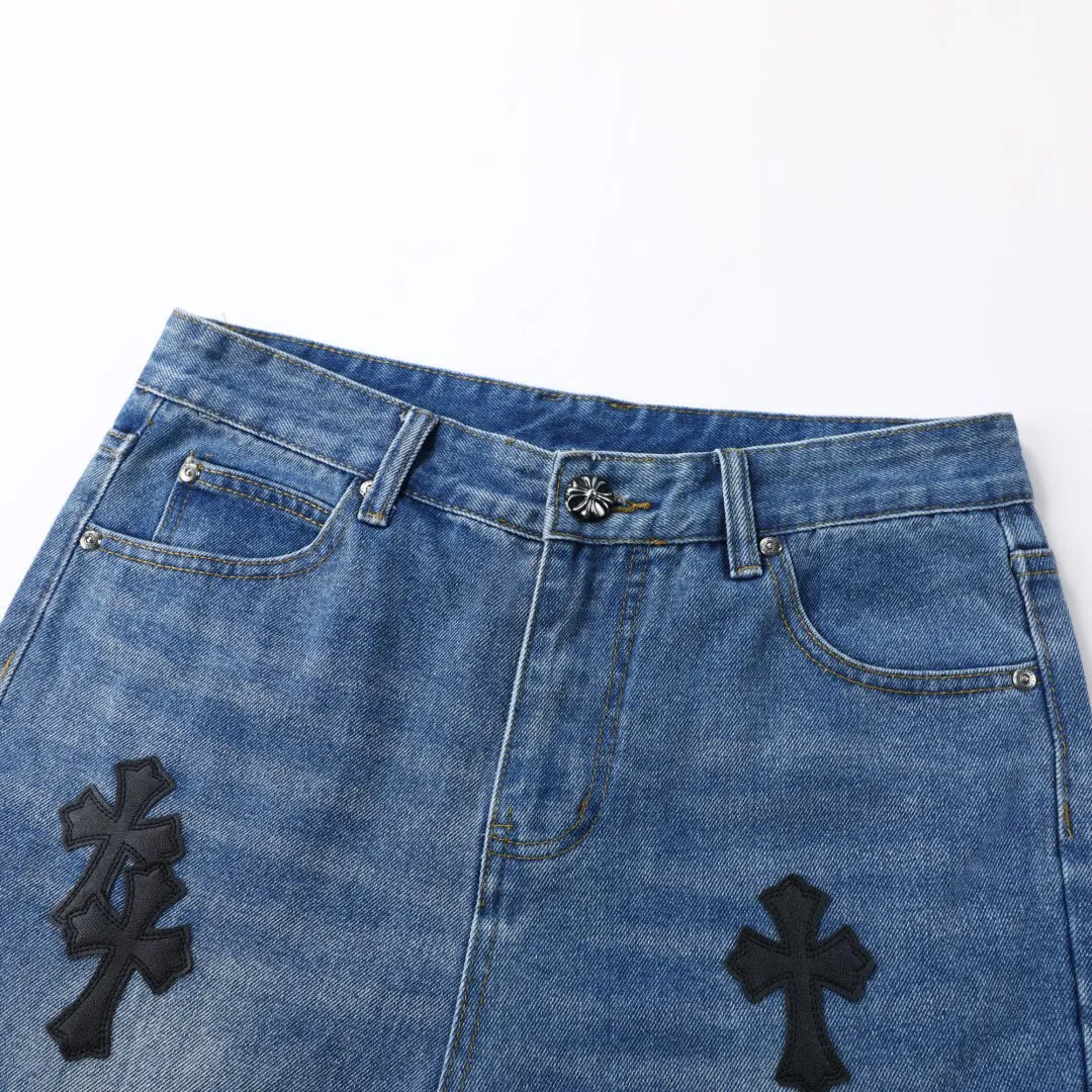 P236 💰 (Top version) Chrome Heart cross patchwork leather jeans Top heavy washing process Calfskin laser cut cross Distressed silver hardware Straight version slimming the upper body High-end quality distinguishes the market currency Color: blue and black Size: 28 30 32 34 36 (corresponding to S-M-L-XL-XXL) Corresponding size｜S-XXL